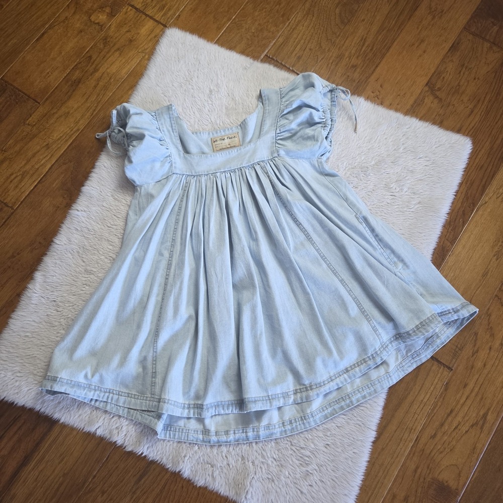 We The Free People Chambray Babydoll Dress Women's XS OVERSIZED Pockets Blue